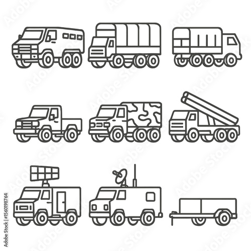 Military Truck Icons. Outline style icons of Military Trucks: armored transport truck, troop carrier, supply truck, field utility