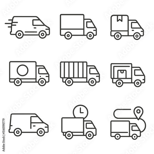 Outlined Delivery Trucks. Outline style icons of Delivery Trucks: express van, package truck, last-mile delivery vehicle, branded