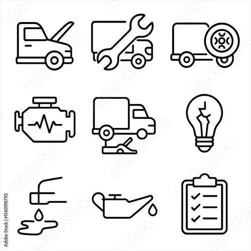 Truck Repair Icons. Outline style icons of Truck Repairs: open hood icon, wrench over truck, tire replacement, engine diagnostics