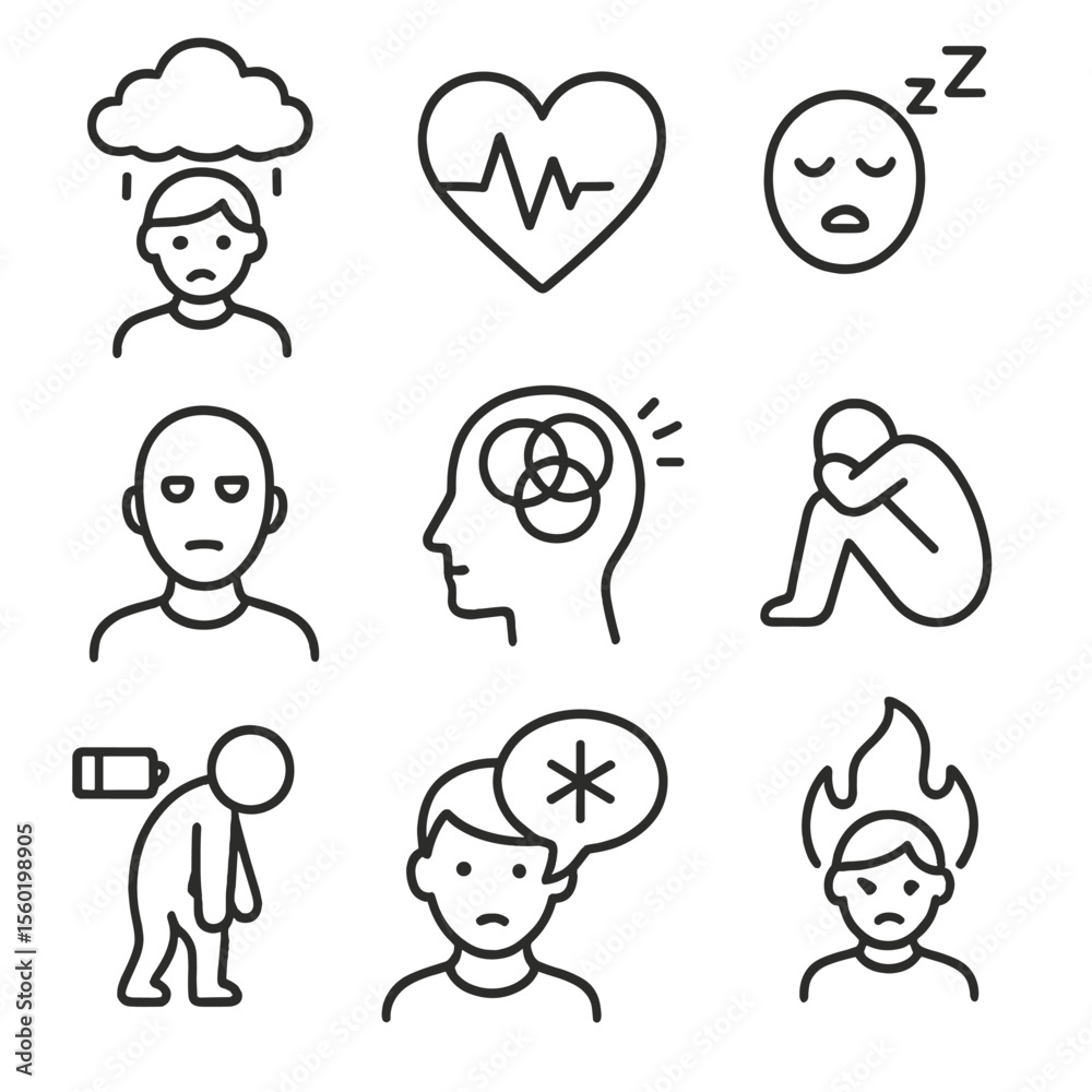 Mental Health Icons. Outline style icons of Mental Health Symptoms: depression fog, anxious heart, sleep disturbance icon,