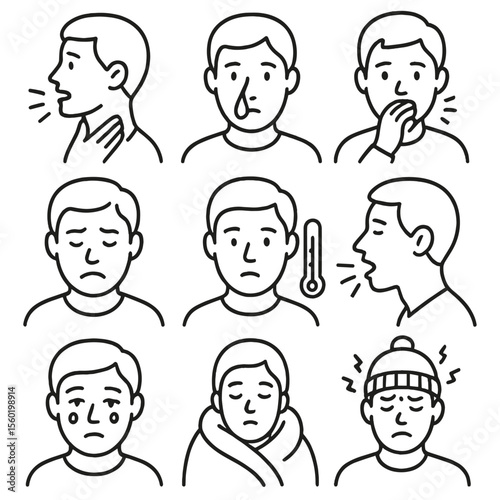 Cold Symptoms Icons. Outline style icons of Cold Symptoms: sore throat, runny nose, mild cough, congestion face, low fever,
