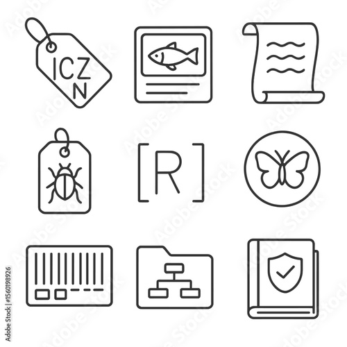 Taxonomy Icon Set. Outline style icons of Taxonomy Labels and Codes: ICZN tag, binomial name icon, Latin text scroll, species tag