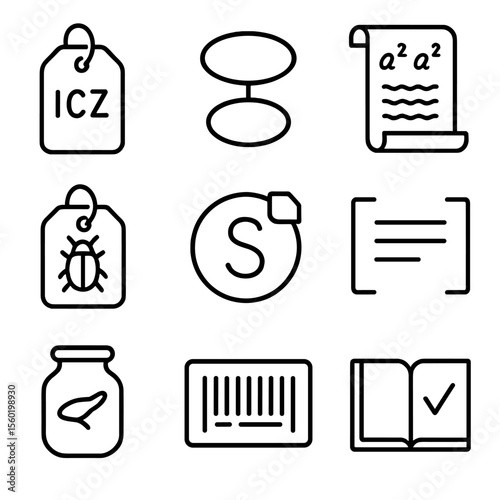 Taxonomy Icon Set. Outline style icons of Taxonomy Labels and Codes: ICZN tag, binomial name icon, Latin text scroll, species tag