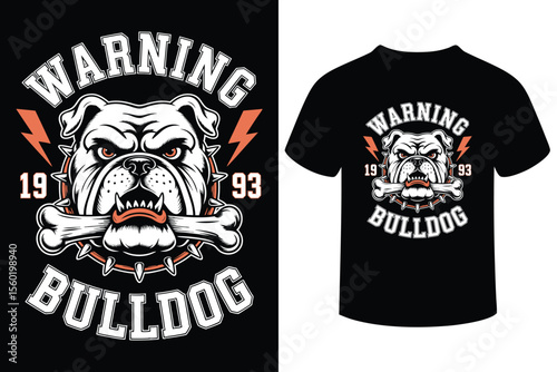Aggressive bulldog with bone and lightning bolts warning design for t shirts and apparel