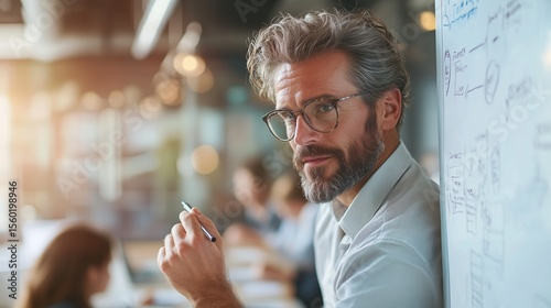 Business professional discussing ideas in a modern office space during a team meeting with colleagues in the background