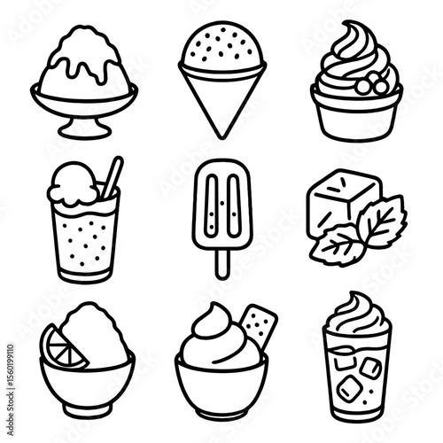Ice and Sweet Combos. Outline style icons of Ice and Sweet Combos: shaved ice with syrup, snow cone and sprinkles, frozen yogurt