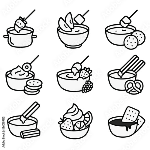 Sweet Dip Icons. Outline style icons of Sweet Dip Pairings: chocolate fondue, caramel dip with apple slices, marshmallow dip and