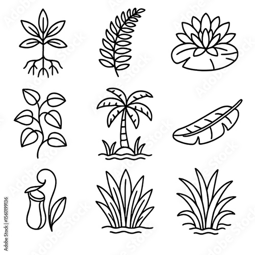 Tropical Swamp Flora Icons. Outline style icons of Tropical Swamp Flora: mangrove shoot, tropical fern, exotic water lily, lush