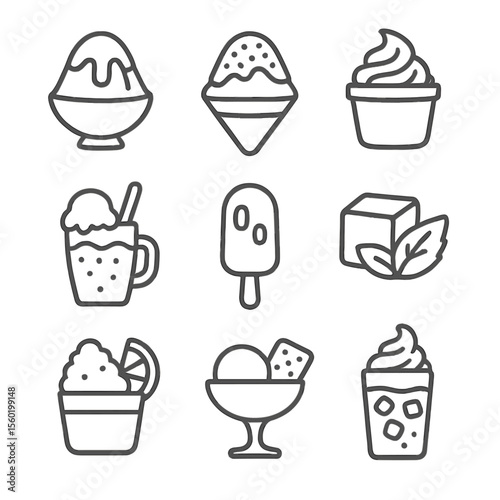Ice and Sweet Combos. Outline style icons of Ice and Sweet Combos: shaved ice with syrup, snow cone and sprinkles, frozen yogurt