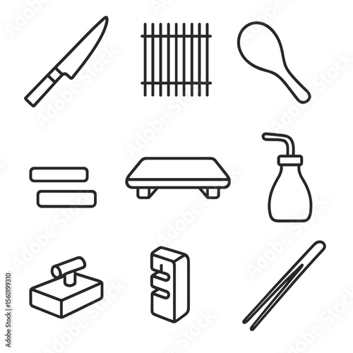 Sushi Bar Icons. Outline style icons of Sushi Bar Tools: sushi knife, bamboo rolling mat, rice paddle, wooden sushi board,