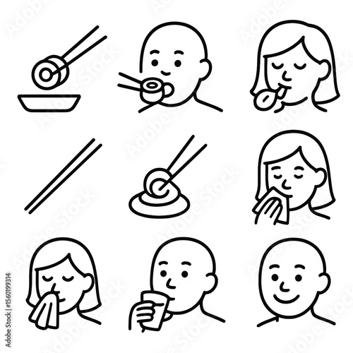 Sushi Tasting Icons. Outline style icons of Sushi Dipping and Eating: dipping action, roll bite icon, chopstick grip tip, licking