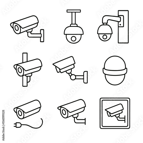 Surveillance Camera Icons. Outline style icons of Surveillance Camera Installations: camera mounting bracket, ceiling mount,