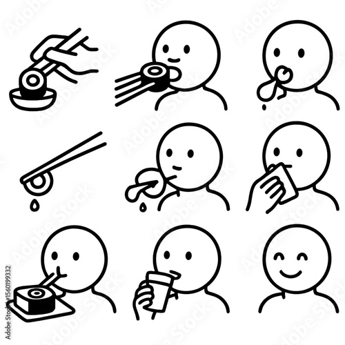 Sushi Tasting Icons. Outline style icons of Sushi Dipping and Eating: dipping action, roll bite icon, chopstick grip tip, licking