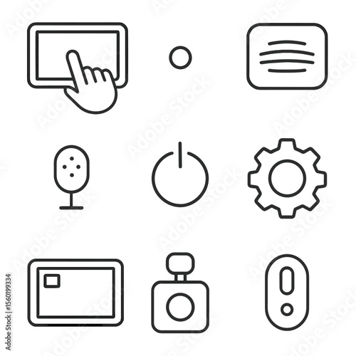 Camera Interface Icons. Outline style icons of Camera Interfaces: touchscreen cam screen, LED status light, speaker grill icon,
