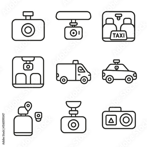 Vehicle Surveillance Icons. Outline style icons of Surveillance in Vehicles: dashboard cam, rearview cam, taxi interior cam, bus