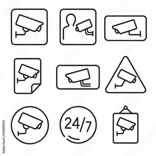 Security Icons Set. Outline style icons of Security Warning Signage: camera symbol sign, “you are being watched” icon, security