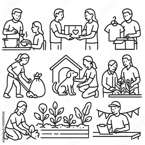 Volunteer Service Icons. Outline style icons of Volunteer Services: soup kitchen icon, distributing food box, clothing donation,