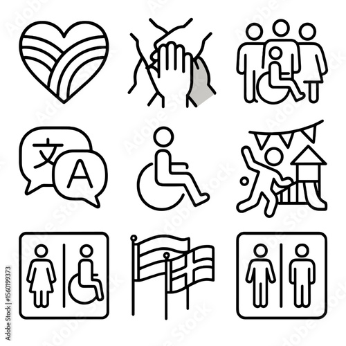 Inclusive Icon Set. Outline style icons of Inclusivity and Belonging: rainbow heart icon, hands of different skin tones,