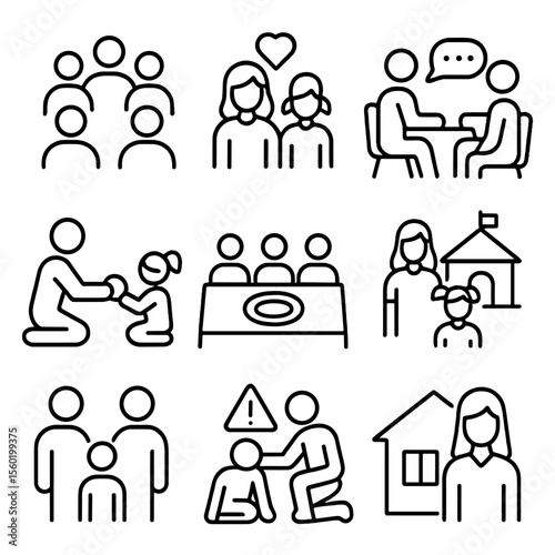 Family Support Icons. Outline style icons of Family Support Services: parenting group, single parent support, family counseling