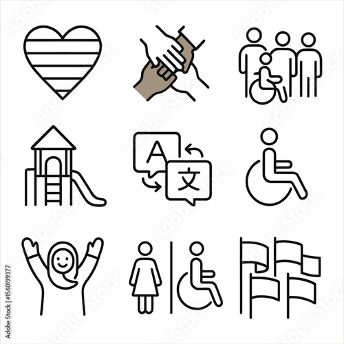 Inclusive Icon Set. Outline style icons of Inclusivity and Belonging: rainbow heart icon, hands of different skin tones,