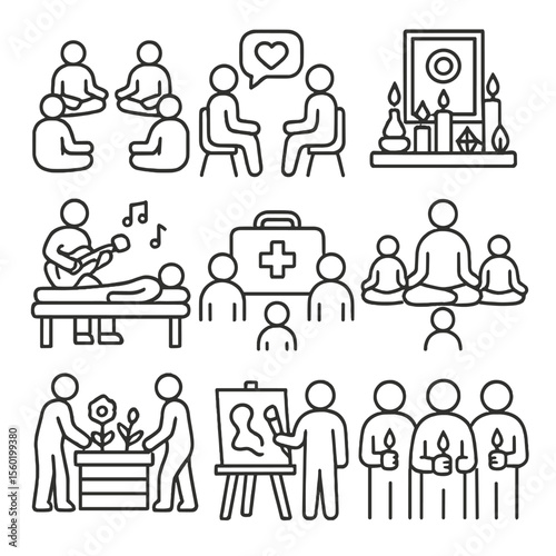 Community Healing Icons. Outline style icons of Community Healing Spaces: healing circle, safe dialogue icon, wellness altar,