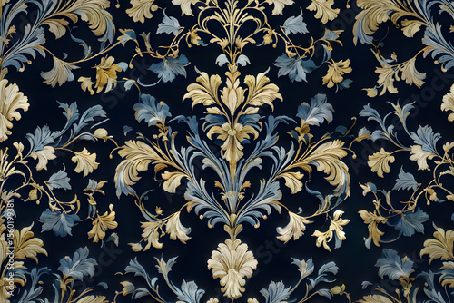 Elegant baroque damask design with golden flowers on dark background