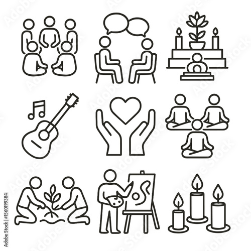Community Healing Icons. Outline style icons of Community Healing Spaces: healing circle, safe dialogue icon, wellness altar,