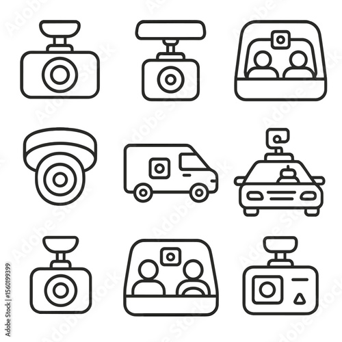 Vehicle Surveillance Icons. Outline style icons of Surveillance in Vehicles: dashboard cam, rearview cam, taxi interior cam, bus