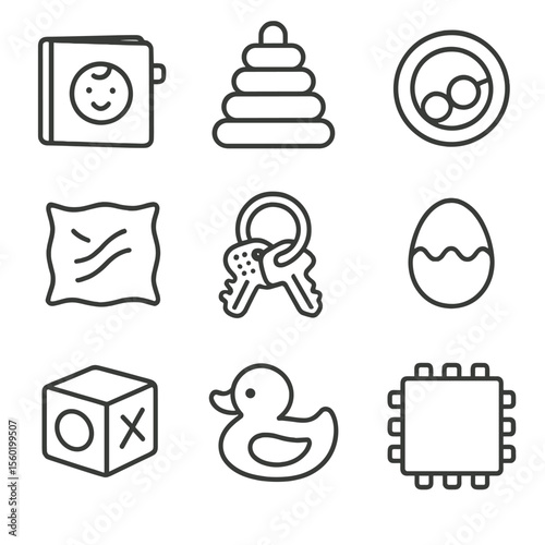 First Toy Basket Icons. Line style icons of First Toy Basket: soft cloth book, silicone stacking ring, wooden grasp rattle,