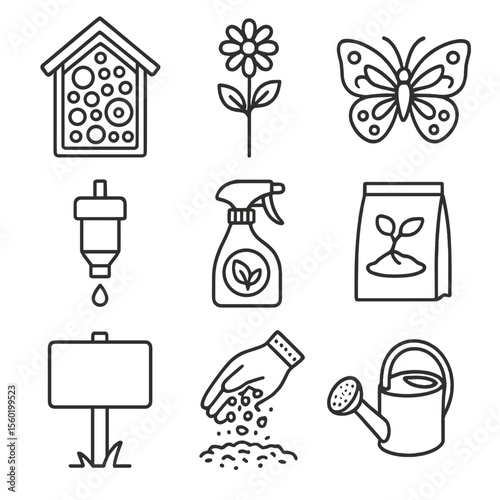 Pollinator Garden Icons. Line style icons of Pollinator Garden Support: bee hotel, native wildflower, butterfly icon, drip feeder,