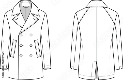 Double-breasted coat vector illustration, technical fashion sketch, men’s winter outerwear, front and back cad drawing, classic coat design