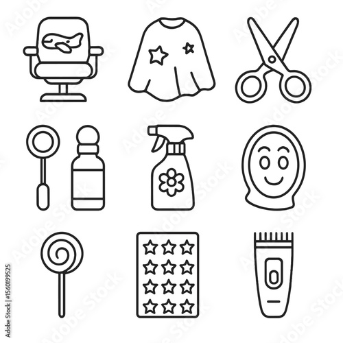 Kid's Haircut Essentials. Line style icons of Kid-Friendly Haircut Set: airplane booster seat, colorful cape, safety scissors,