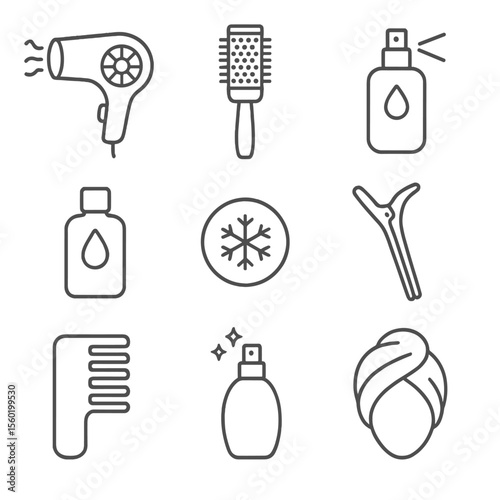 Blowout Tools Icons. Line style icons of Blowout Finishing Tools: ionic blow-dryer, round ceramic brush, heat protect spray,
