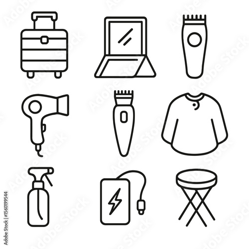Mobile Barber Kit Icons. Line style icons of Mobile Barber Kit: rolling tool case, foldable mirror, battery clipper, mini dryer,