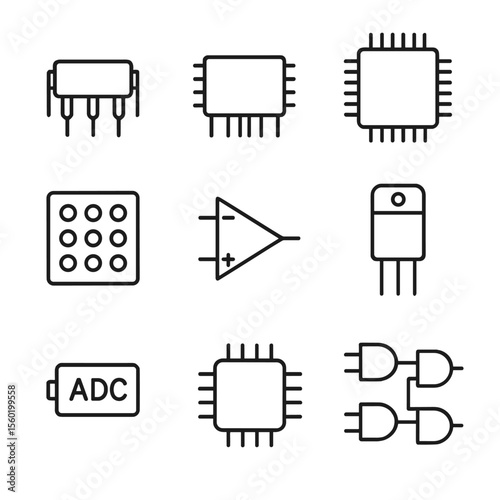 Integrated Circuit Icons. Line style icons of Integrated Circuits: 8-pin DIP IC, 16-pin SOIC, 32-pin QFP, BGA package, op-amp