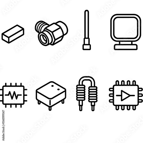 RF Components Icons. Line style icons of RF & Antenna Parts: ceramic chip antenna, SMA connector, 2.4 GHz whip antenna, loop stick