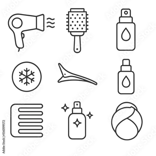 Blowout Tools Icons. Line style icons of Blowout Finishing Tools: ionic blow-dryer, round ceramic brush, heat protect spray,
