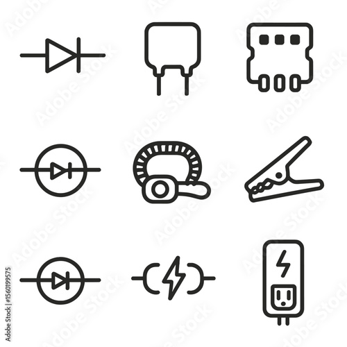 ESD Device Line Icons. Line style icons of ESD & Protection Devices: TVS diode, resettable polyfuse PTC, ferrite bead array,