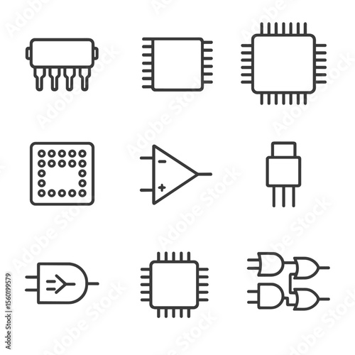 Integrated Circuit Icons. Line style icons of Integrated Circuits: 8-pin DIP IC, 16-pin SOIC, 32-pin QFP, BGA package, op-amp