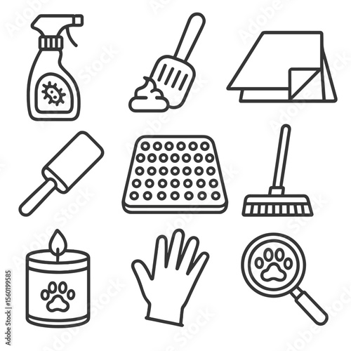 Pet Cleanup Essentials Icons. Line style icons of Pet Mess Cleanup: enzyme cleaner spray, poop scoop, training pad, pet hair