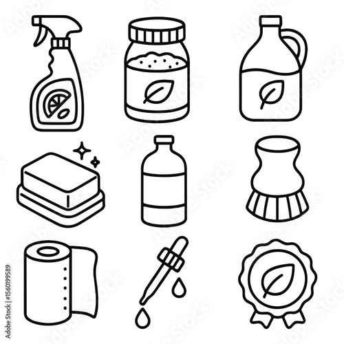 Eco-Friendly Cleaners Icons. Line style icons of Eco-Friendly Cleaners: citrus degreaser bottle, baking soda jar, white vinegar