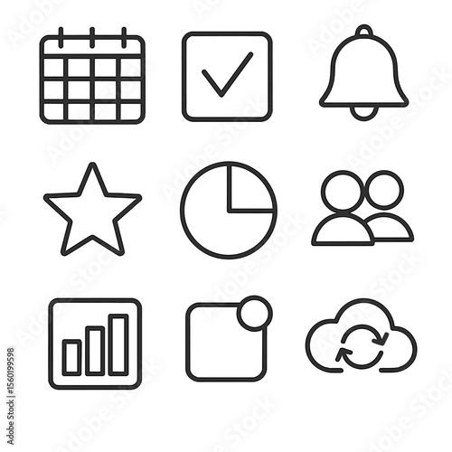 Cleaning Schedule Icons. Line style icons of Cleaning Schedule App Features: weekly calendar grid, task checkbox, reminder bell,