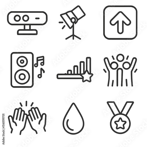 Family Dance-Off Icons. Line style icons of Family Dance-Off: motion sensor camera, floor spot light, dance mat arrow, playlist