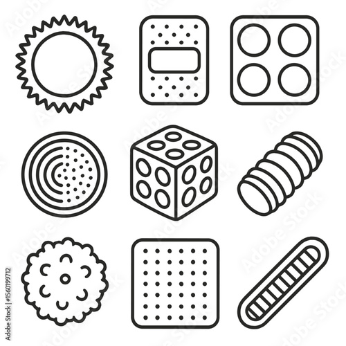 Spikey & Textured Fidgets. Line style icons of Spikey & Textured Fidgets: spiky ring, textured pad, poke-and-press pad, patterned