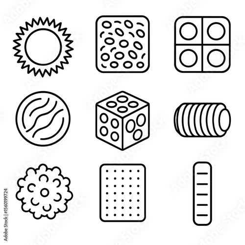 Spikey & Textured Fidgets. Line style icons of Spikey & Textured Fidgets: spiky ring, textured pad, poke-and-press pad, patterned