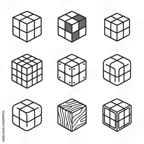 Infinity Cube Icons. Line style icons of Infinity Cube Collection: classic cube, dual-color cube, mini cube, large cube, magnetic