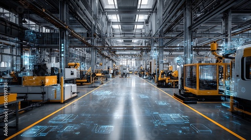 Industry 4.0 smart factory interior showcases advanced automation, machinery, and robotics in a futuristic industrial setting. Innovation, engineering, and interconnected systems .