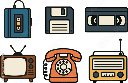 A collection of retro technology icons, including a TV, telephone, radio, and cassette. Vintage flat design