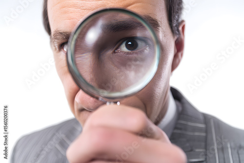 Extreme close-up of man's eye with magnifying glass, concept of scrutiny or detail.