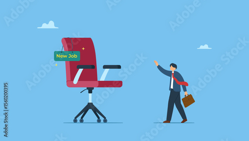 Vector illustration of businessman greeting with his new job office chair. New job offer or new career opportunity, employment and recruitment, promoted to new position or hiring staff for vacancy.